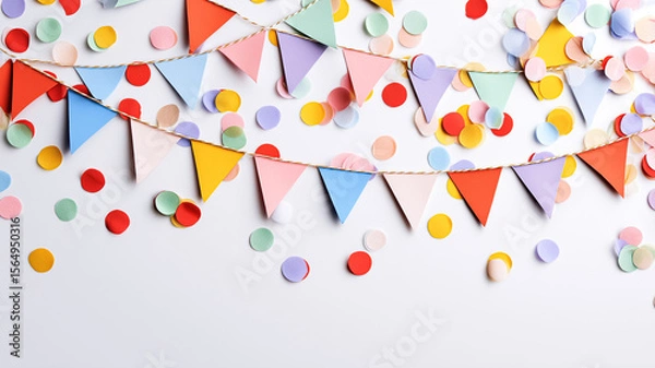 Obraz Festive paper flag garland with colorful round confetti dotted neatly across white background for party theme designs