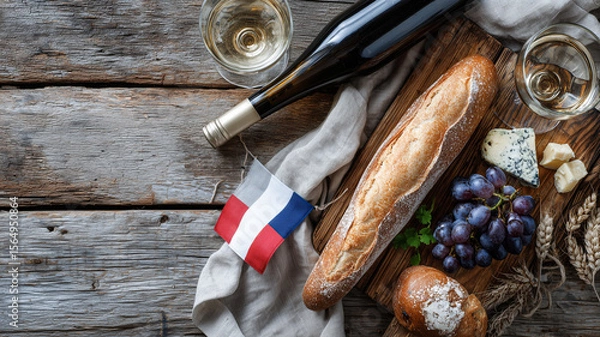 Obraz French Bastille Day table with wood texture, wine, grapes, and simple decor celebrating heritage with gourmet charm