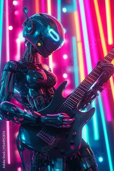 Fototapeta Weiblicher humanoider Roboter, Cyberpunk spielt E-Gitarre auf einem Rockkonzert, Generative AI
