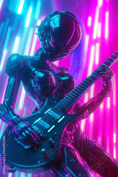 Fototapeta Weiblicher humanoider Roboter, Cyberpunk spielt E-Gitarre auf einem Rockkonzert, Generative AI