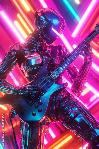 Fototapeta Weiblicher humanoider Roboter, Cyberpunk spielt E-Gitarre auf einem Rockkonzert, Generative AI