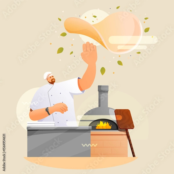 Fototapeta cartoon pizzaiolo making pizza dough in pizzeria, vector illustration
