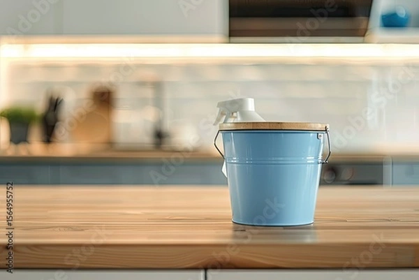 Obraz Vibrant Color Image of Bucket with Cleaning Items on Wooden Table