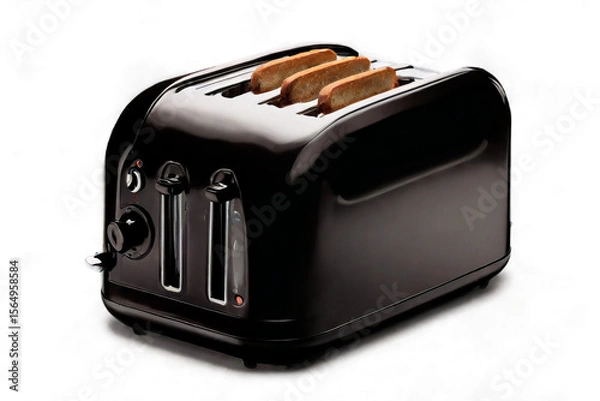 Fototapeta Modern black toaster with three slices of toasted bread on transparent background for kitchen appliance concept.