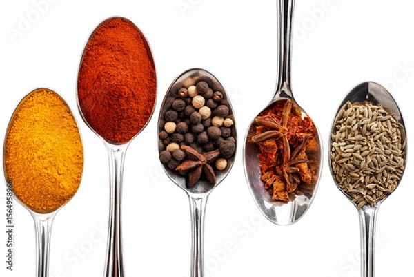 Fototapeta vibrant array of spices artfully displayed in elegant silver spoons  isolated on white background