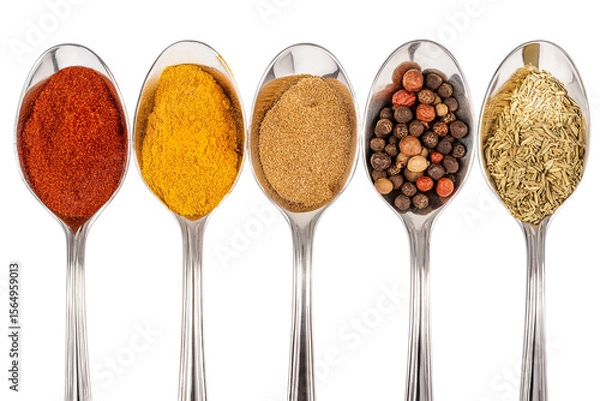 Fototapeta Assortment of vibrant spices on shiny spoons  isolated on white background