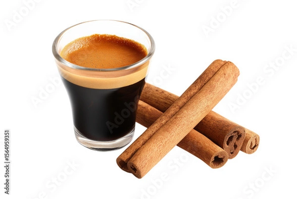 Fototapeta  delightful coffee shot with few cinnamon sticks  isolated on white background