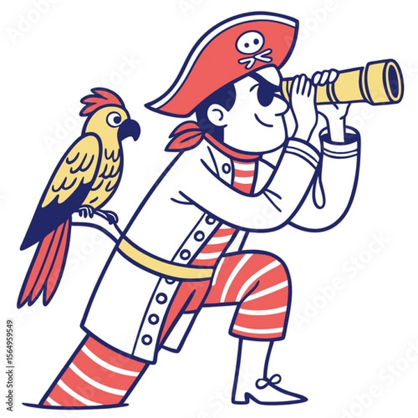 Fototapeta Cartoon pirate man character looking through a spyglass with a parrot on his arm, standing on transparent background. Adventure and exploration concept.