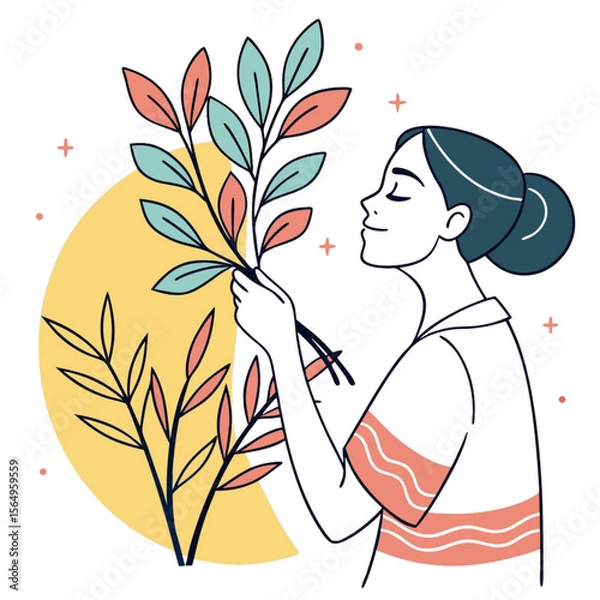 Fototapeta Beautiful woman smelling a branch with leaves in a stylish illustration on transparent background design for natural or wellness concepts.