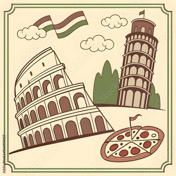 Obraz Italy Pisa Tower vector city illustration, a vintage design set of architectural landmarks