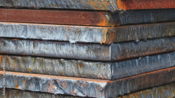 Fototapeta Stack of metal sheets with rust. plates are stacked on top of each other and have traces of laser plasma cutting. Industrial concept background.