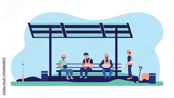Fototapeta Illustration of construction workers resting under a shaded structure during a break period outdoors