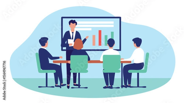 Fototapeta A business presentation with a presenter and four attendees in a conference room setting shown on screen