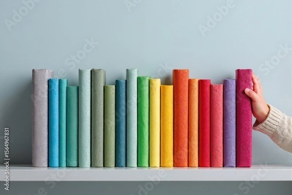 Fototapeta A shelf with books in a bright cover, the hand of a small child reaching for books