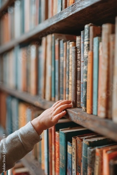 Fototapeta A shelf with a row of old books in tattered covers. A child's hand reaches for one of the books.