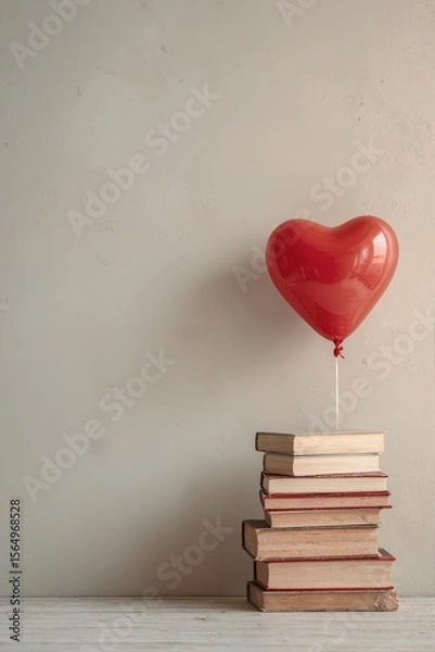 Fototapeta A stack of books with a red heart-shaped balloon tied to it. The background is a beige   wall.