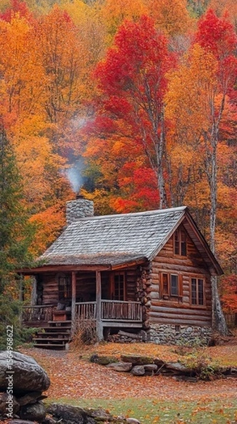 Fototapeta A rustic cabin surrounded by fall foliage.