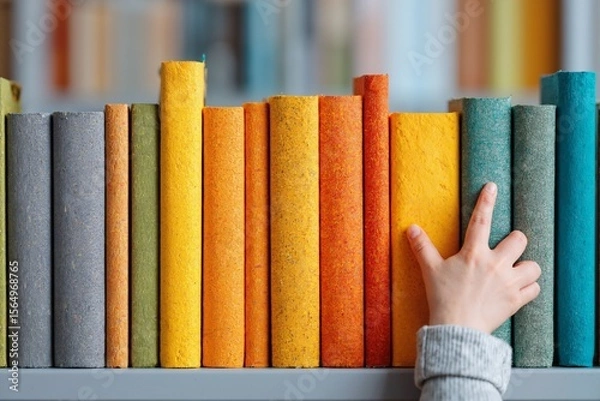 Fototapeta A child's hand reaches for books on a shelf in a library