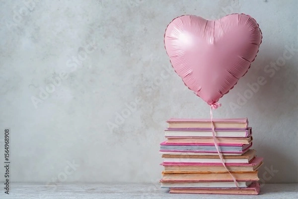 Fototapeta A pink heart-shaped balloon is tied to a stack of books. The background is a plain light textured wall and a wooden floor.