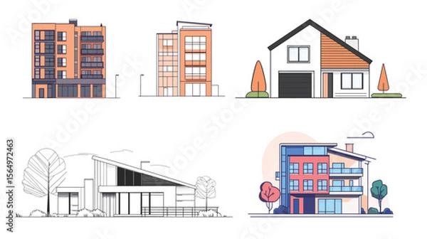 Fototapeta Simple Line Art of House and Apartment – Minimalist Vector Illustration