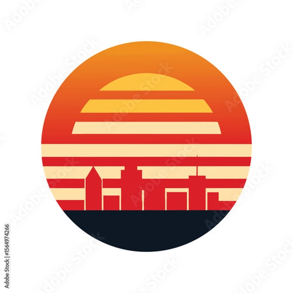 Obraz Retro Vintage Sunset Striped Behind City Skyline Vector