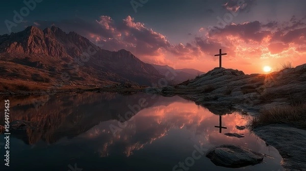Fototapeta Sunset over mountains with cross reflection in tranquil water setting