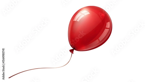 Fototapeta A glossy, single red balloon with string, floating angle, realistic shine and shadow, isolated PNG.