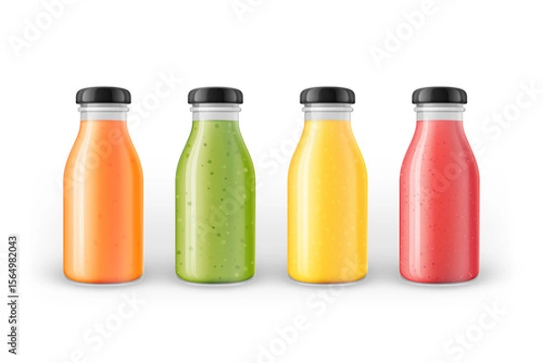 Fototapeta Colorful illustration of organic juices or smoothies in glass bottles with black cap. Fruit, berry and vegetable cocktail. Summer vitamin drinks isolated on white. Vector packaging mockup template