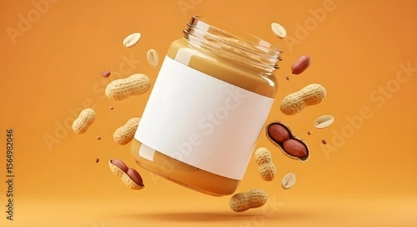 Fototapeta Peanut butter jar with blank label floating among peanuts on vibrant orange background. Ideal for packaging mockups, branding, advertising, or food concepts.