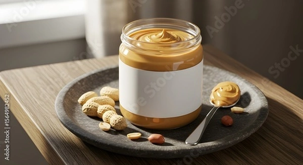 Fototapeta Jar of peanut butter with blank label on plate with peanuts and spoon. Cozy indoor scene, perfect for packaging mockups, branding, or food advertisements