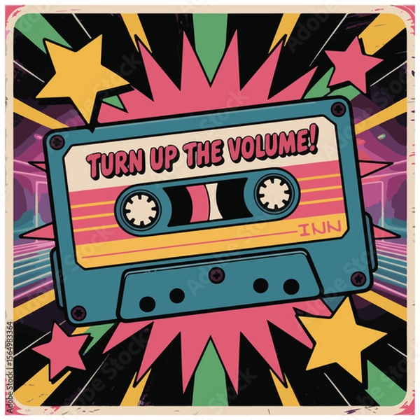 Fototapeta Retro cassette tape with colorful starburst background