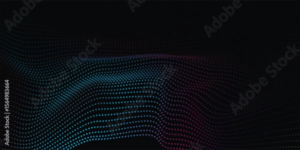 Fototapeta Flowing dots particles wave pattern blue green gradient light isolated on black background. Vector in concept of technology, science, music, modern.