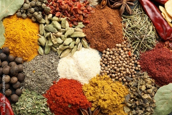 Fototapeta Different aromatic spices as background, top view