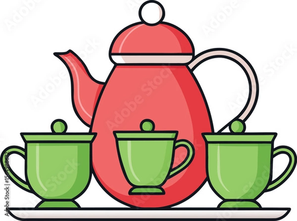 Obraz  Red Teapot with Green Teacups