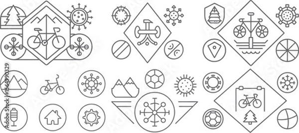 Fototapeta A line art illustration of various outdoor activities icons and virus shapes against a white