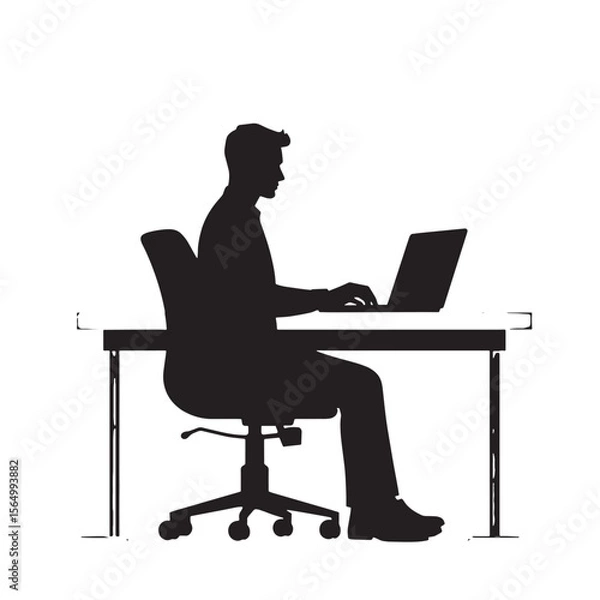 Fototapeta  Black Silhouette Vector of Person Typing on Laptop at Desk in Remote Work or Office Productivity Scene on White Background Full Ultra HD