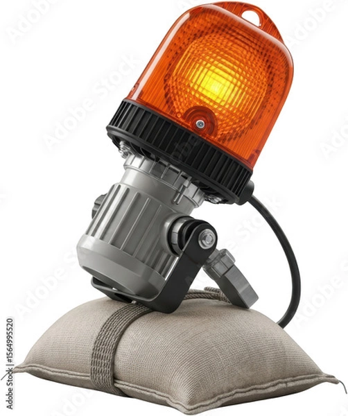 Fototapeta Bright orange warning light with strong illumination resting on a textured sandbag on a transparent background