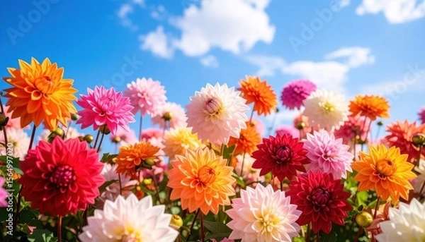 Fototapeta Vibrant dahlia patch under a bright blue sky dotted with puffy white clouds