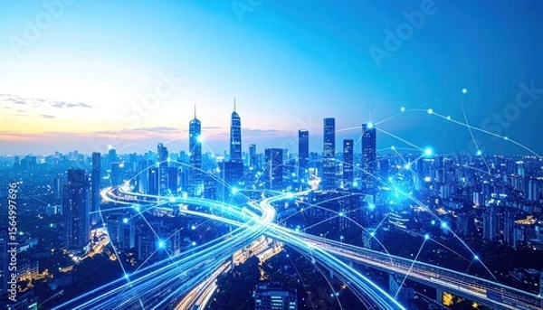 Fototapeta Luminous city skyline at dusk with bright connected nodes over glowing trails