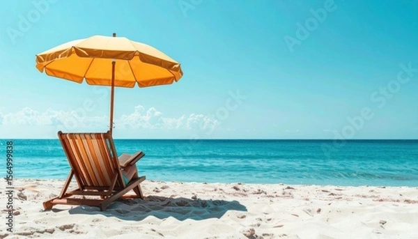 Fototapeta Beach chair under yellow umbrella facing ocean, clear blue sky backdrop