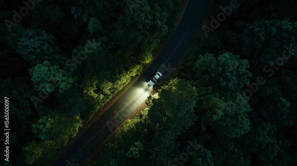 Fototapeta A cinematic aerial view of a car driving through a dense forest at night, its headlights piercing the darkness along a winding road. Ideal for themes of road trips. Generative AI.