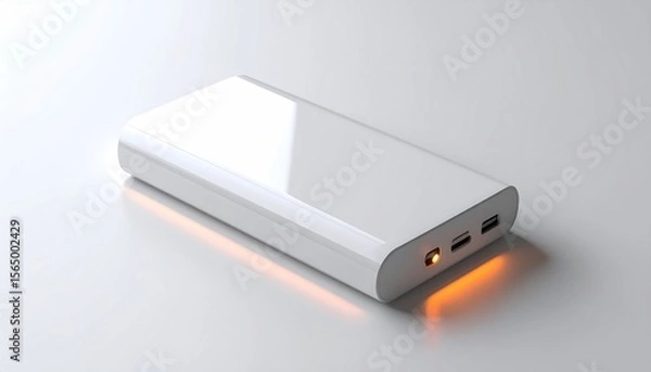 Fototapeta White power bank with orange light indicating charge status, lying on a surface