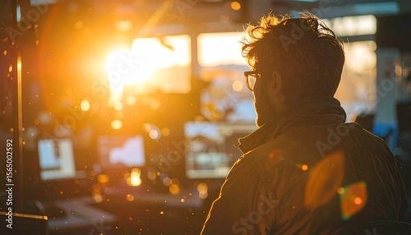 Fototapeta Person bathed in golden light looks at computer screens in an office