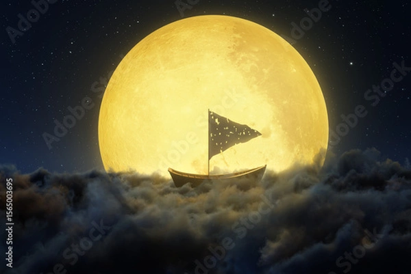 Fototapeta Abandoned wooden boat with waving canvas over fluffy night clouds. Illuminated by big yellow moon. 3D Rendering