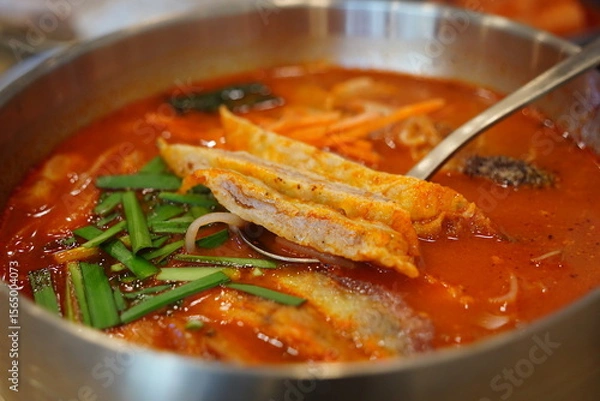 Obraz Close-up of Korean Spicy Pork Soup Served in a Traditional Brass Bowl