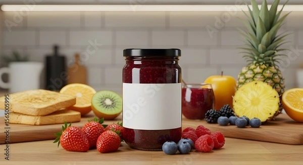 Fototapeta Mockup of assorted jam jars in a cozy kitchen scene, surrounded by fresh fruits and toast under warm overhead lighting, evoking a relaxed morning breakfast atmosphere 