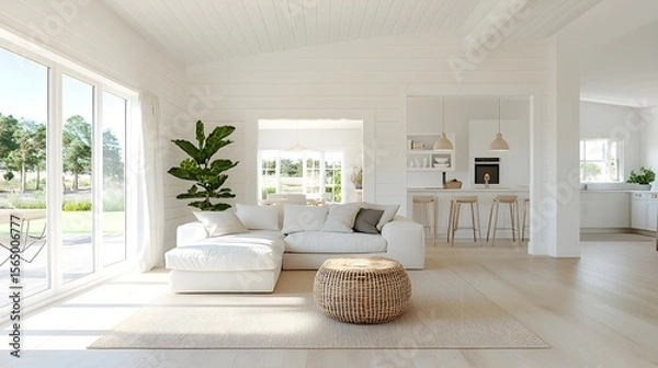 Obraz a living room filled with furniture and a large wi