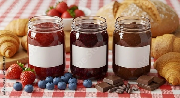 Fototapeta Three clear jars with white labels filled with strawberry, blueberry, and chocolate jam, surrounded by ingredients and bread on a checkered picnic cloth, top view