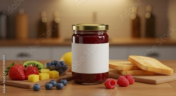 Fototapeta homemade strawberry jam, Mockup of assorted jam jars in a cozy kitchen scene, surrounded by fresh fruits and toast under warm overhead lighting, evoking a relaxed morning breakfast atmosphere