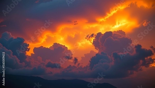 Fototapeta the image showcases a vibrant and dynamic sky filled with dramatic clouds and fiery orange and red hues, suggesting a fierce firestorm.